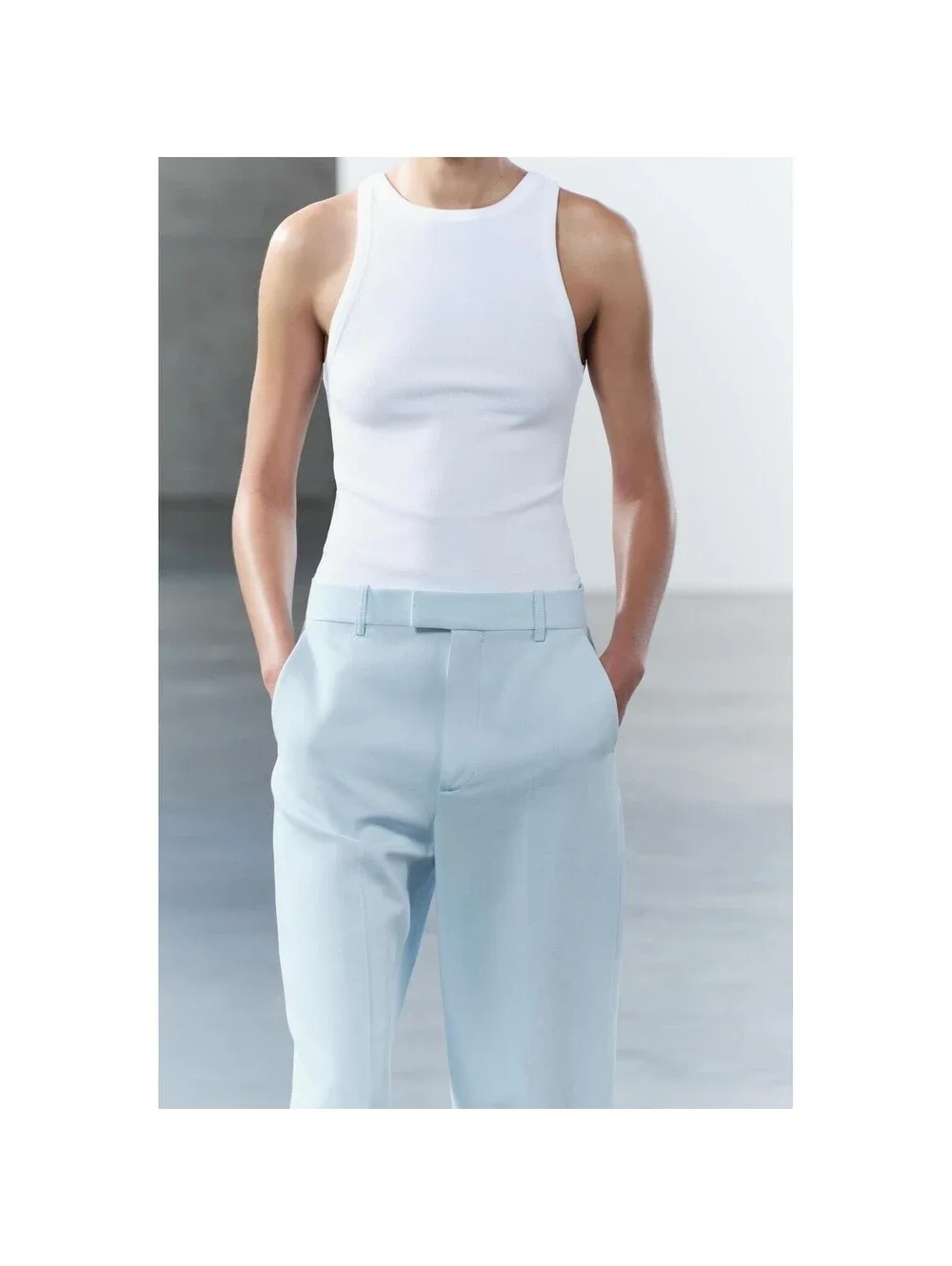 ZARA NWT ZW COLLECTION LINEN BLEND STRAIGHT FIT PANTS IN BLUE-SIZE LARGE